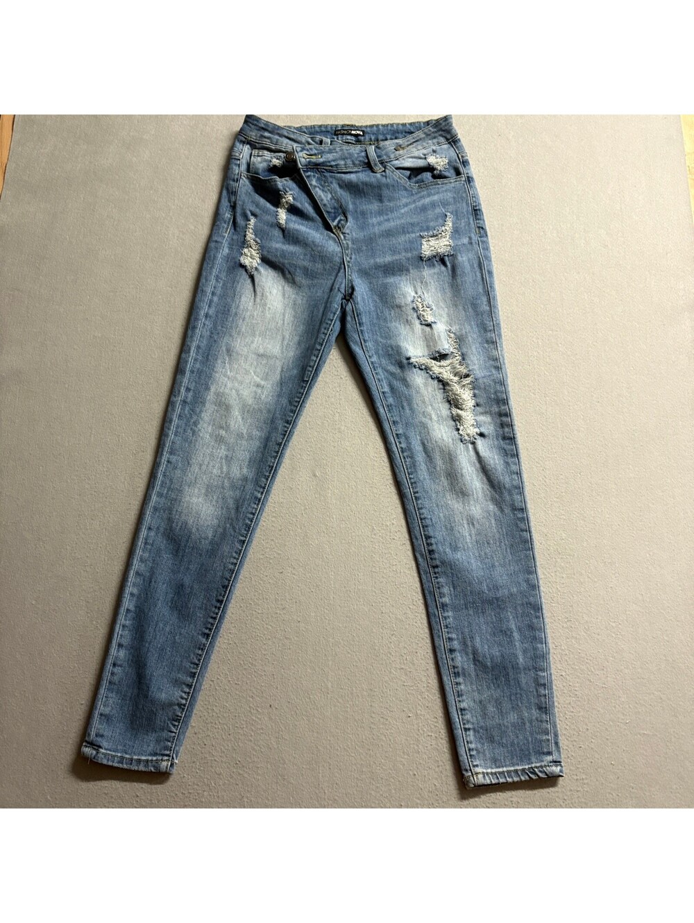 Fashion Nova Distressed Asymmetrical Jeans Womens Size 9 Blue Denim Skinny Leg